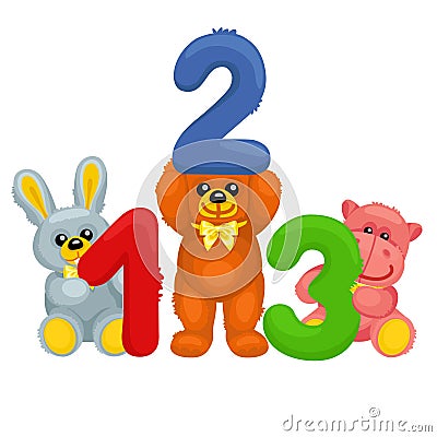 There are plush bear, bunny, panda and hippo holding numbers Vector Illustration
